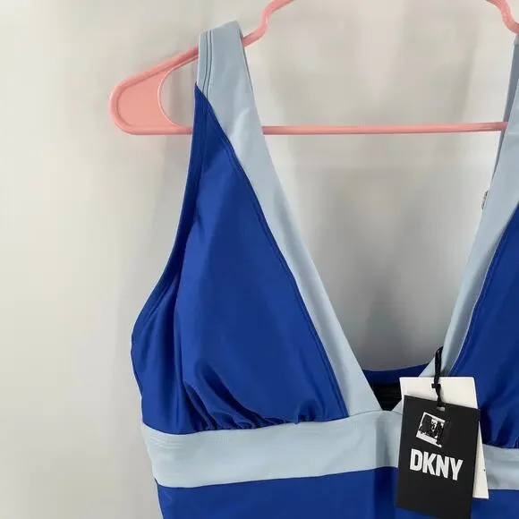 DKNY Lapis Swimsuit Size 16 Plunge Colorblock One Piece Plus Curvy Swim Blue NWT - Picture 10 of 16